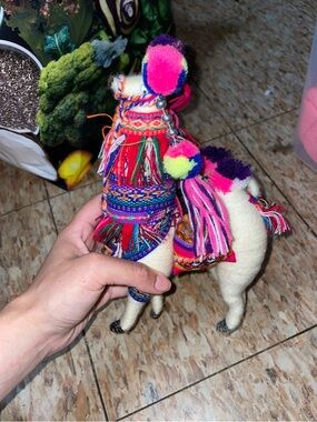 Handmade Peruvian Wool Llama with Colorful Pom-Poms